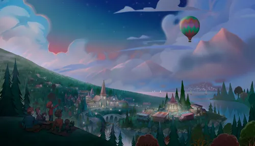 Nachtlandschaft mit Stadt und Heißluftballon von Tom Bonson