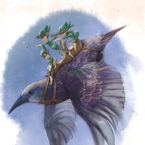 Fantasy image of fairies riding a large starling bird by Tom Bonson