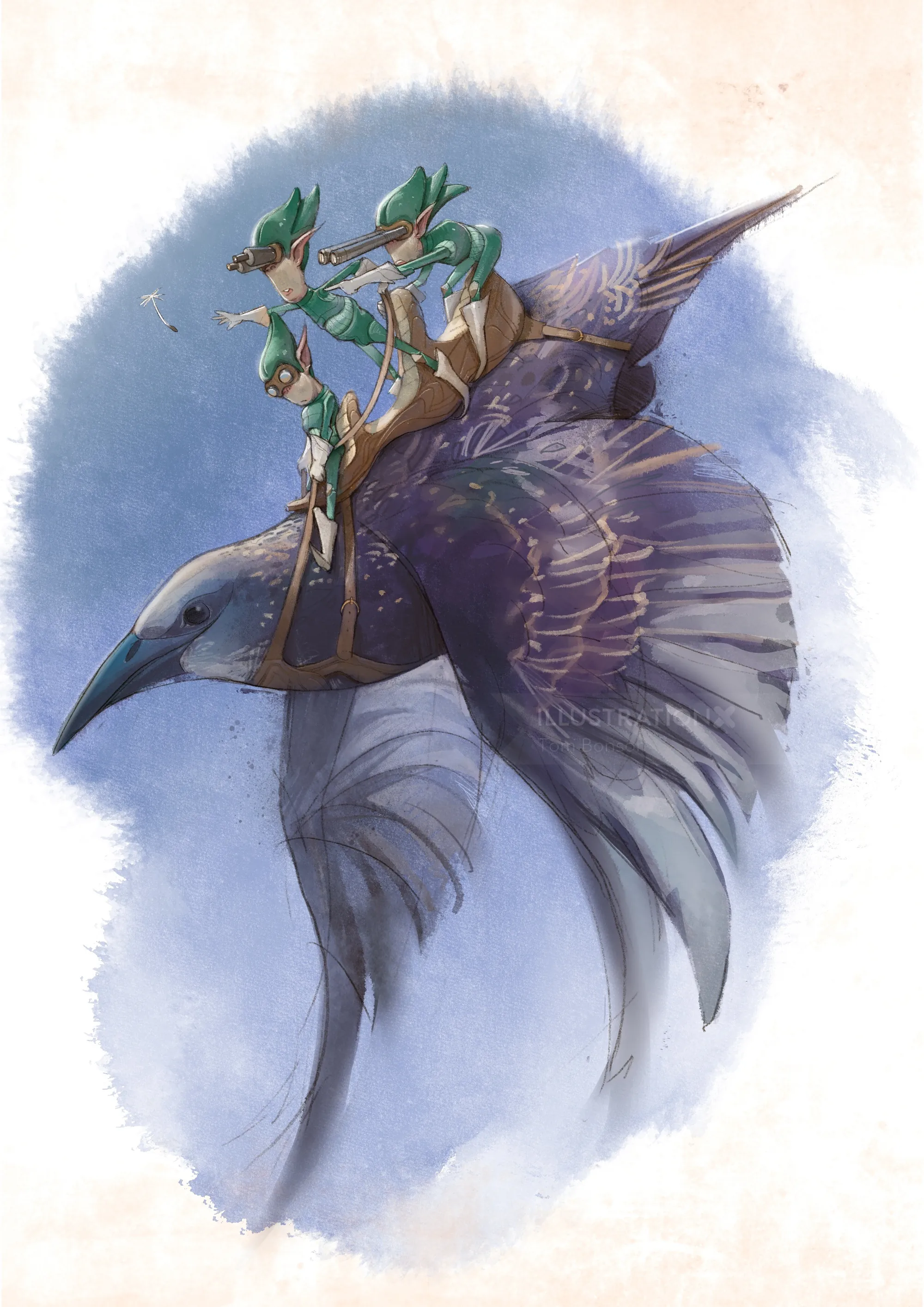 Fantasy image of fairies riding a large starling bird by Tom Bonson