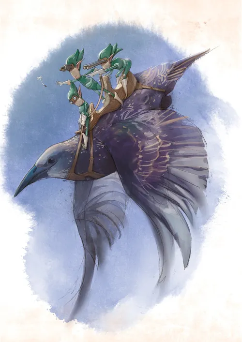 Fantasy image of fairies riding a large starling bird by Tom Bonson
