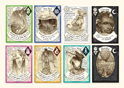 Ilustração Tom Bonson mostrando oito cartas de fantasia ornamentadas com animais e figuras.