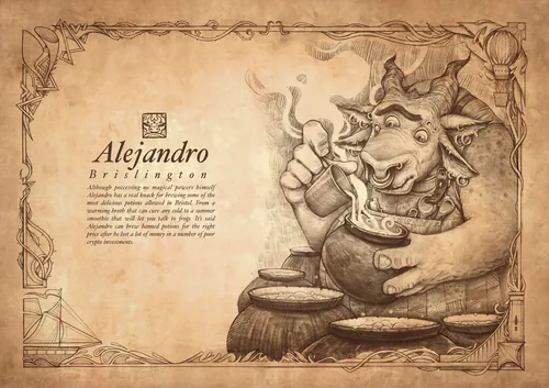 Tom Bonson ilustração de Alejandro, um personagem alegre com chifres segurando uma colher