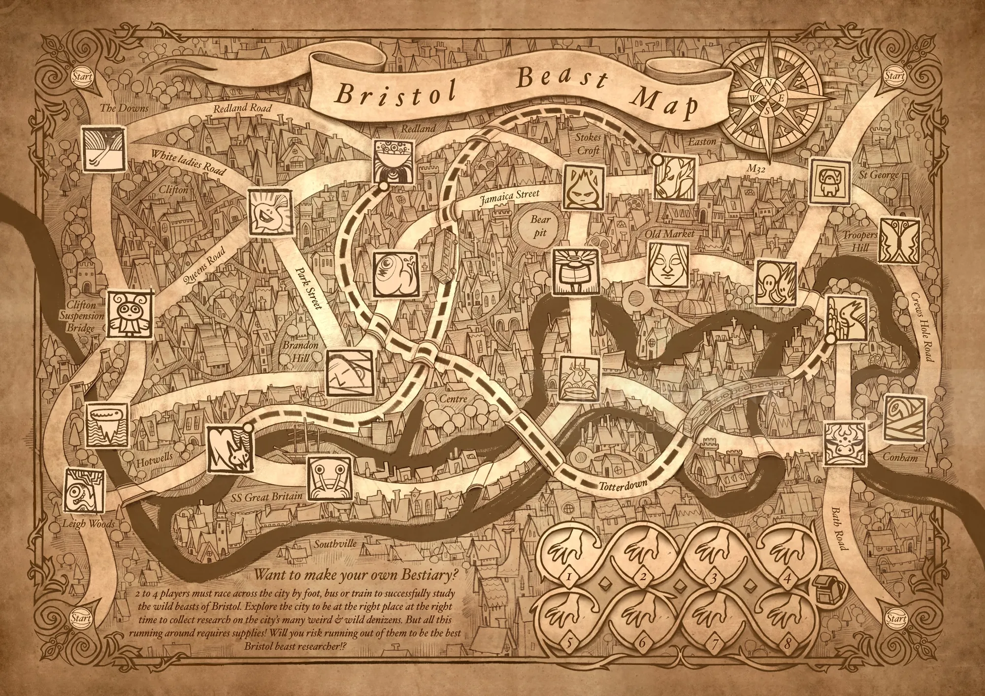 Mapa ilustrado em tons sépia de Bristol, com pontos de referência e vias navegáveis, da turma Tom Bonson.