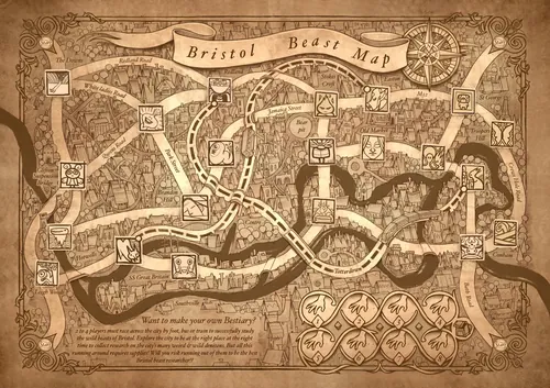 Mapa ilustrado em tons sépia de Bristol, com pontos de referência e vias navegáveis, da turma Tom Bonson.