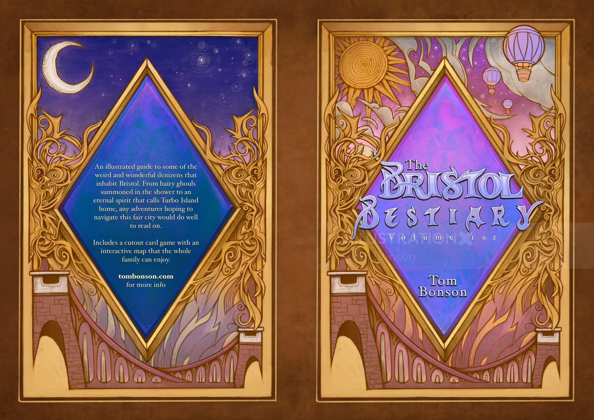 Tom Bonson’s ornate Bristol Bestiary book cover with mythical creatures and celestial motifs