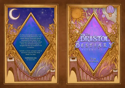 Capa ornamentada do livro Bestiário de Bristol de Tom Bonson, com criaturas míticas e motivos celestiais.