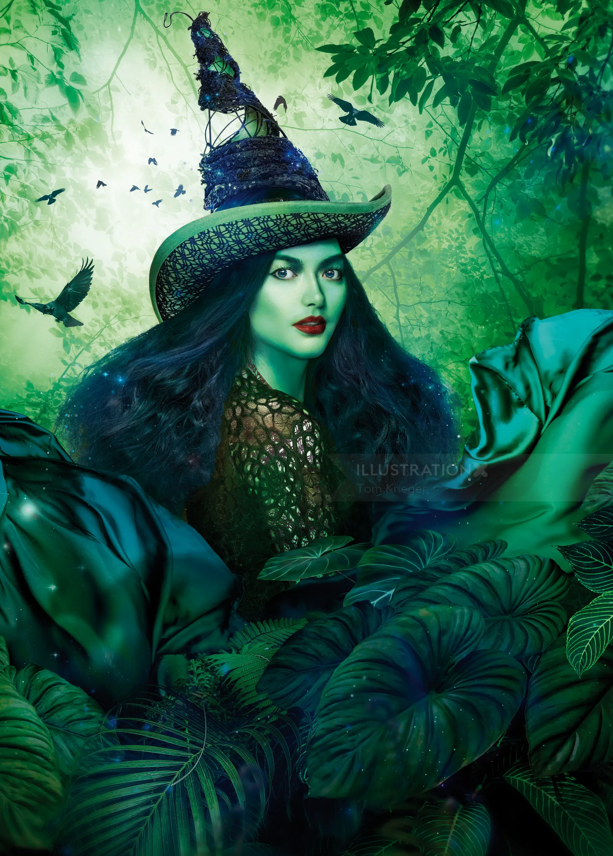Magical witch with green skin and hat in forest by Tom Krieger
