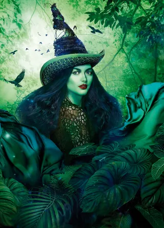 Magical witch with green skin and hat in forest by Tom Krieger