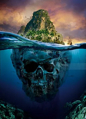 Island above water with skull-shaped underwater rock, by Tom Krieger