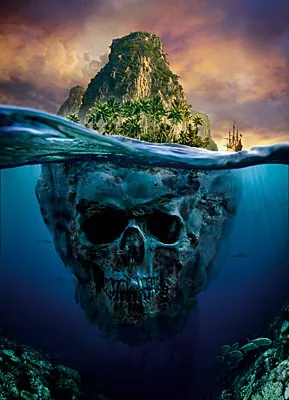 Island above water with skull-shaped underwater rock, by Tom Krieger