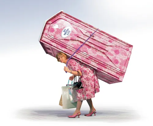 Woman in pink dress carrying large pink coffin on back by Tom Krieger