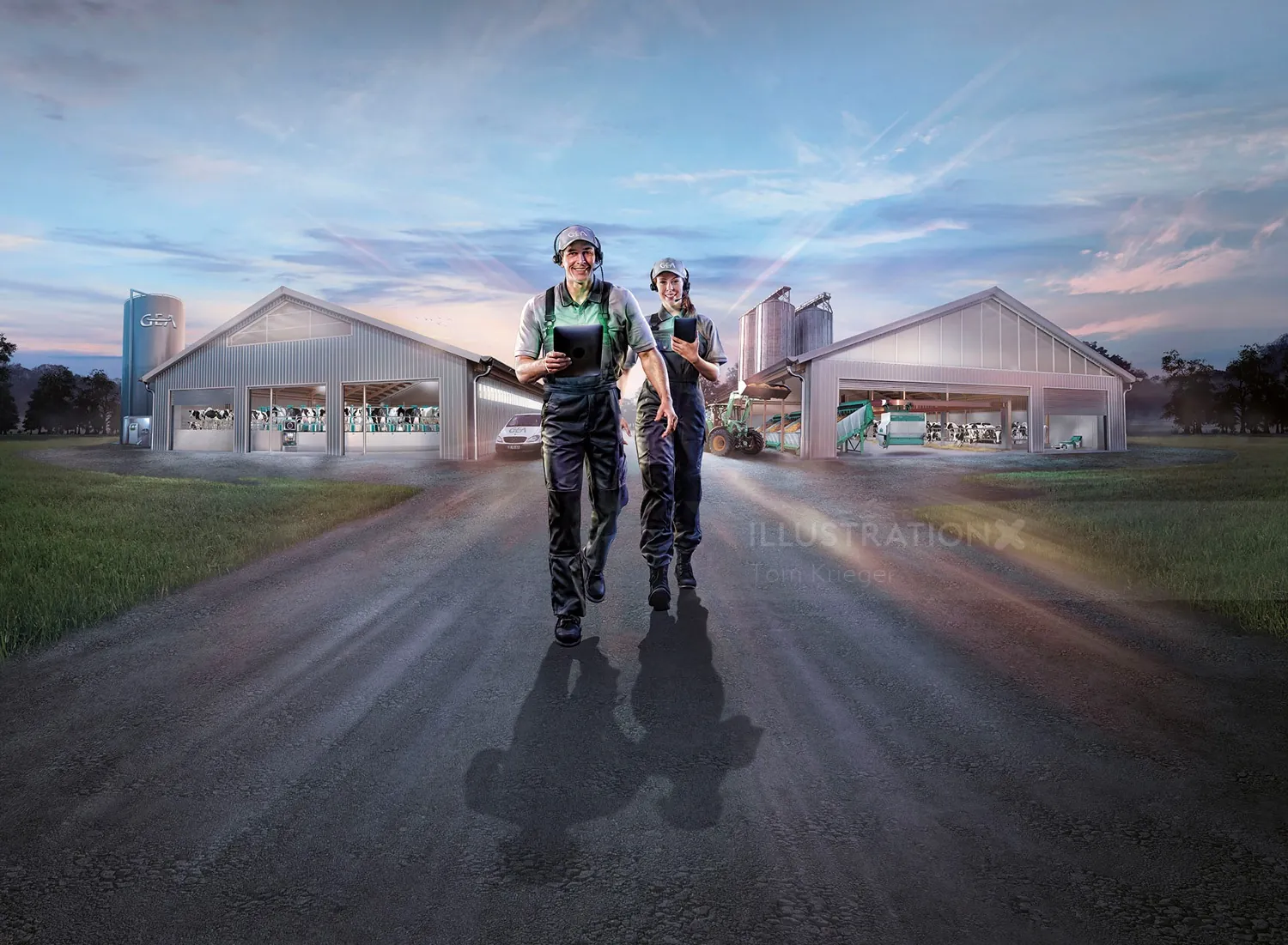 Two workers walking on road near industrial sheds by Tom Krieger
