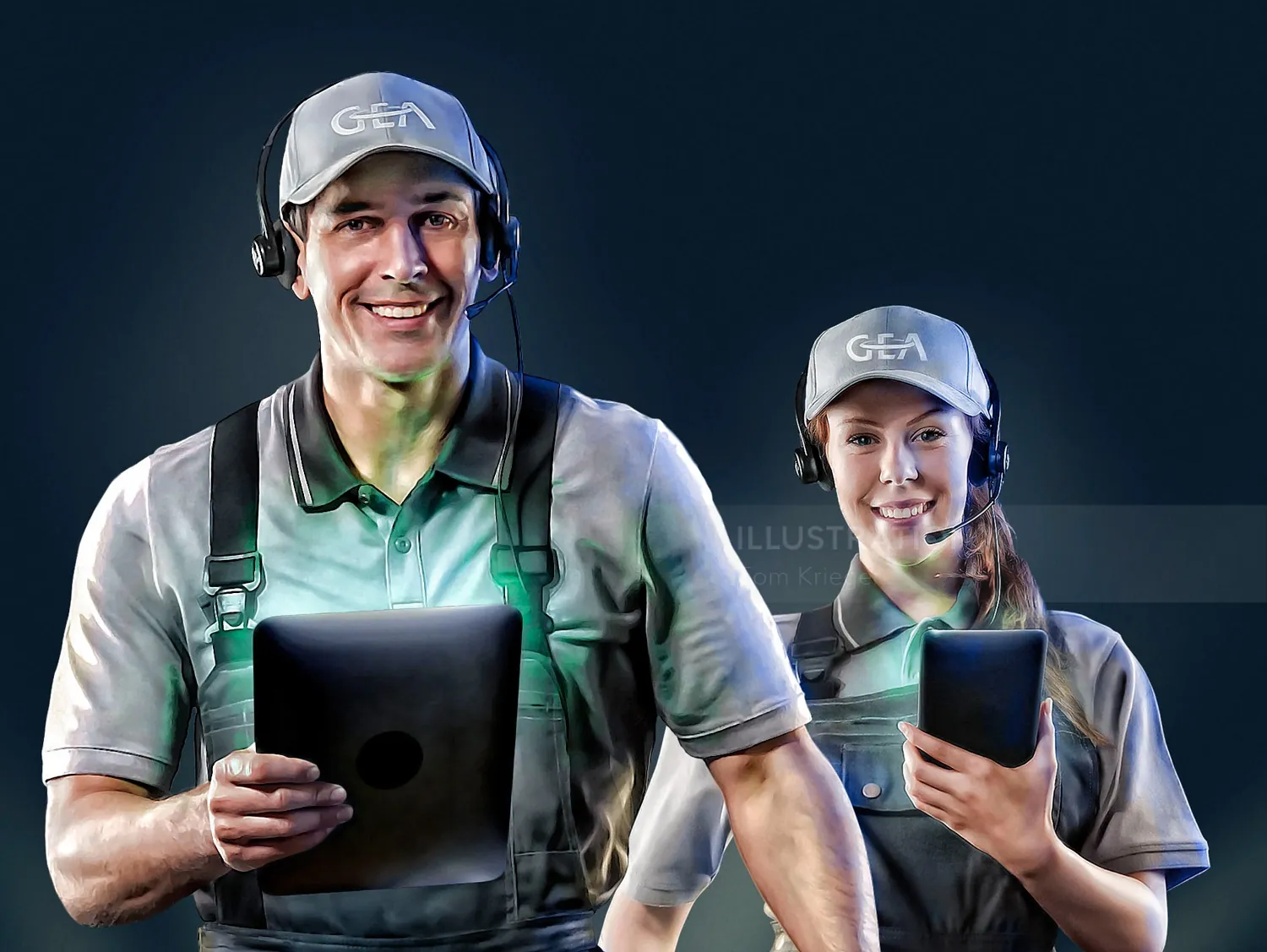 Smiling technicians in GEA uniforms holding tablets, by Tom Krieger