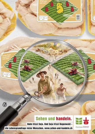 Magnifying glass revealing farmers working in fields on tofu package by Tom Krieger