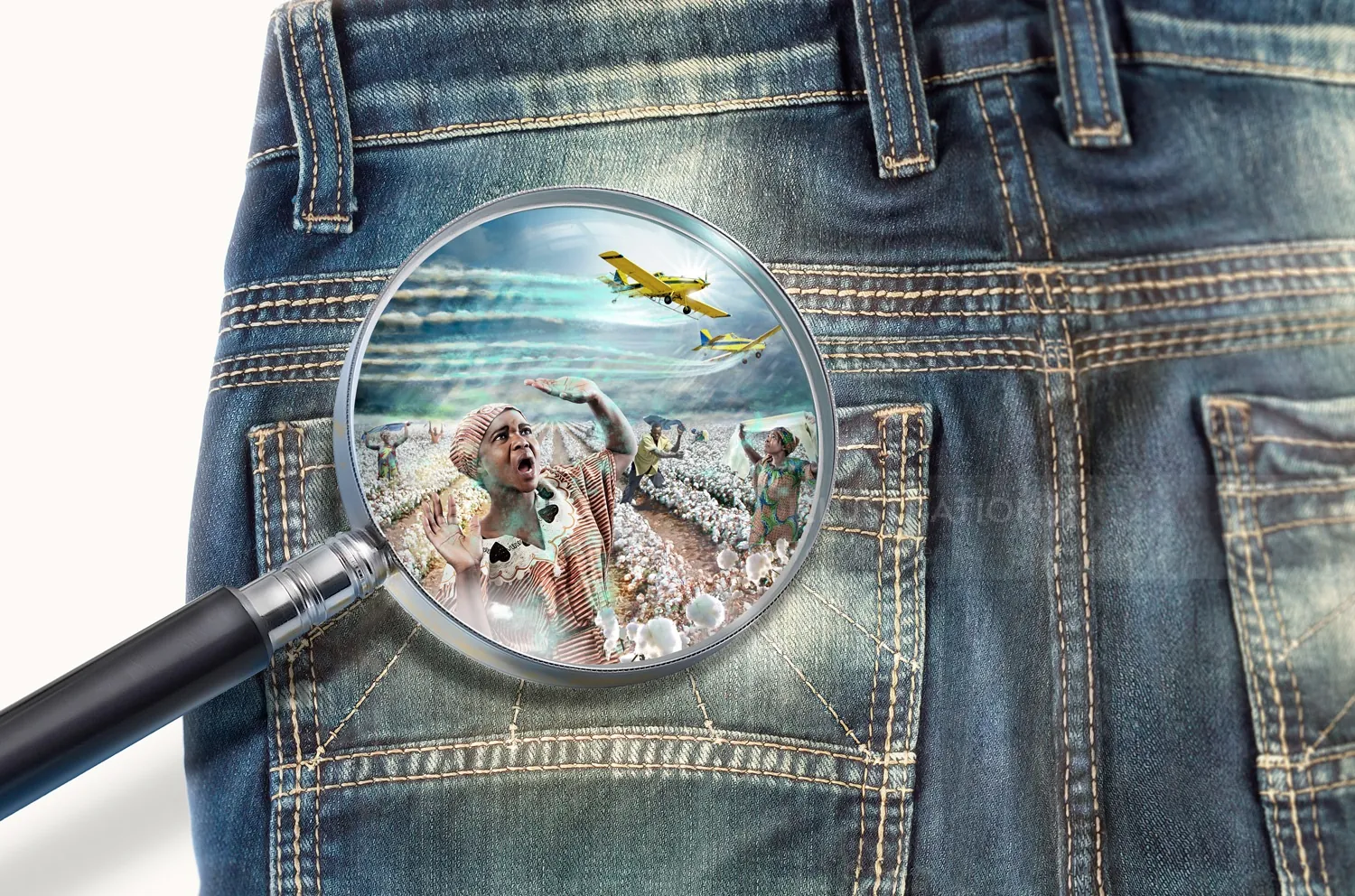 Magnifying glass showing dogs, cheetah, and airplane in jeans pocket by Tom Krieger