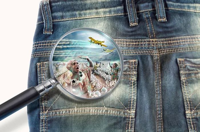 Magnifying glass showing dogs, cheetah, and airplane in jeans pocket by Tom Krieger