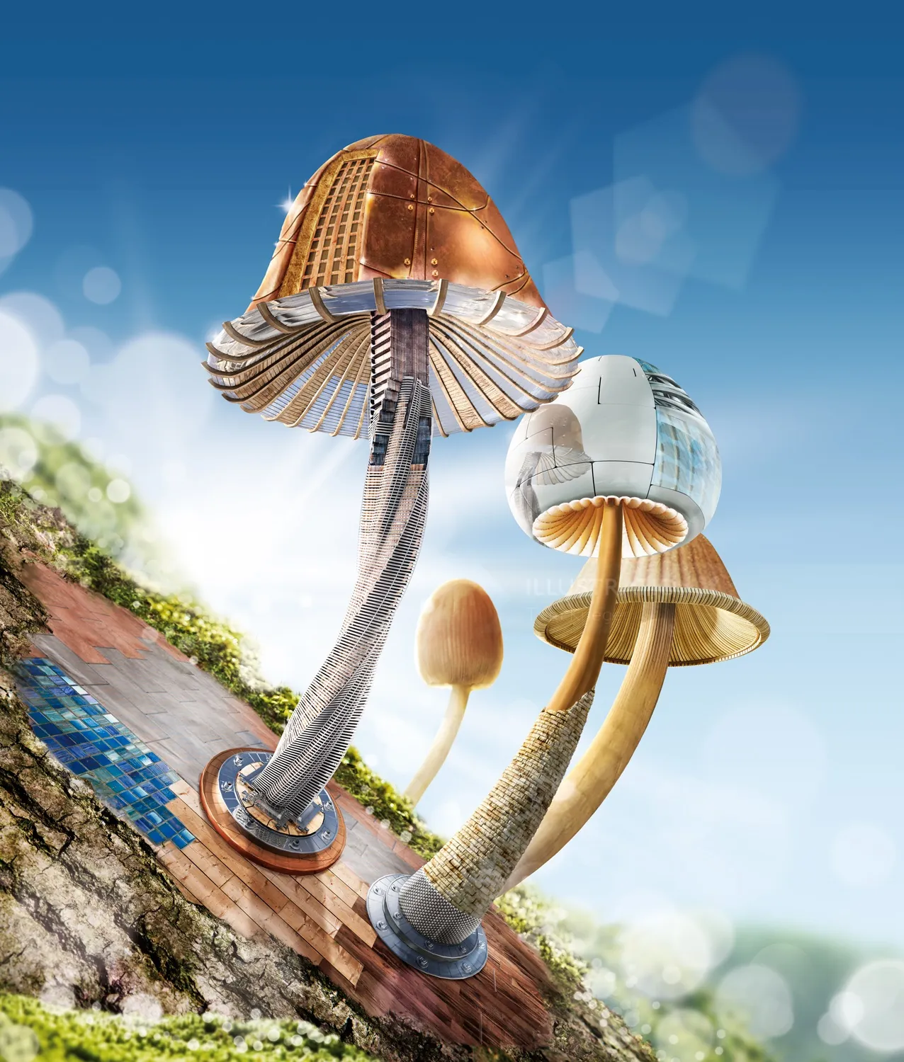 Metallic futuristic mushrooms digital artwork by Tom Krieger