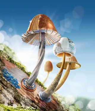 Metallic futuristic mushrooms digital artwork by Tom Krieger
