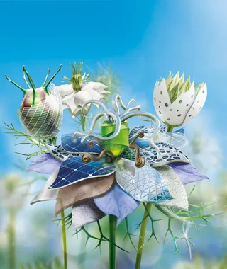 Futuristic flower sculpture blending organic and mechanical parts by Tom Krieger