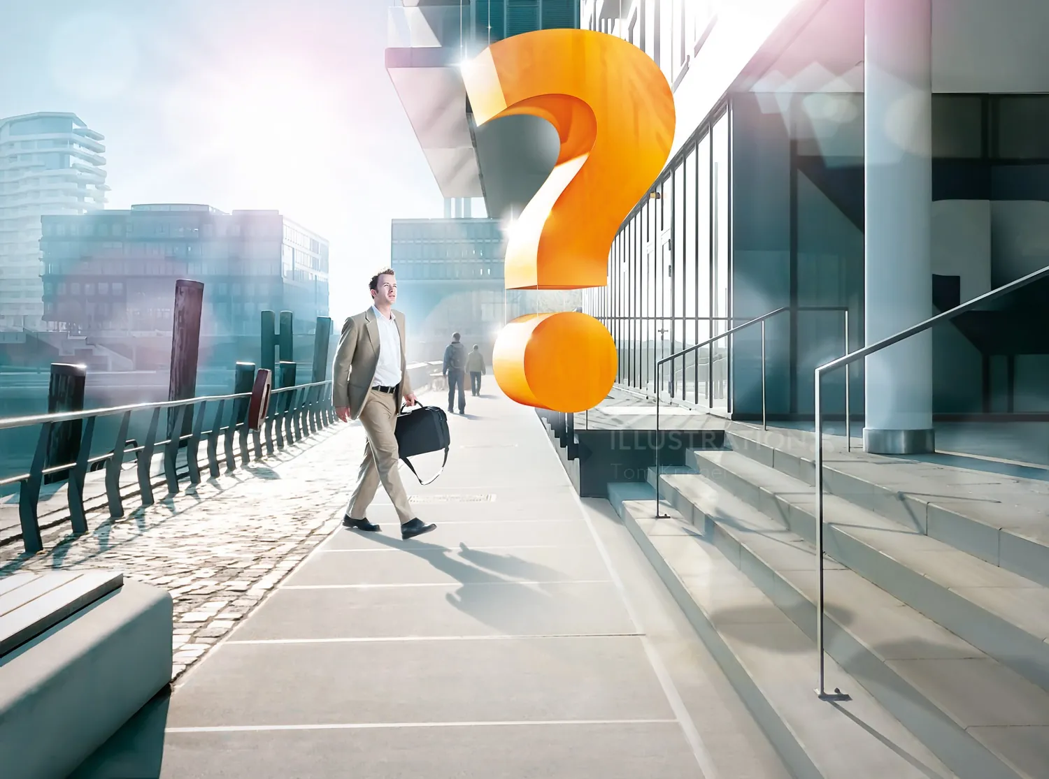 Businessman walking past giant orange question mark sculpture by Tom Krieger