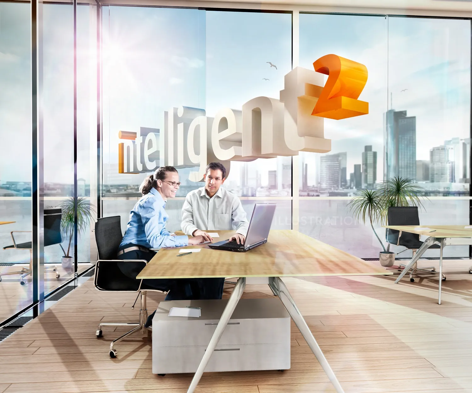 Two professionals working together in a modern office with city views by Tom Krieger