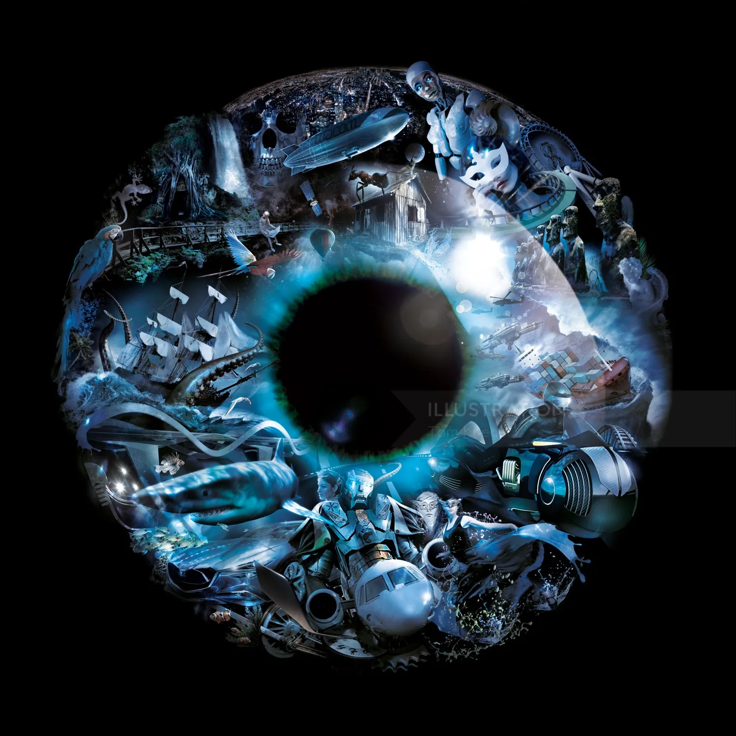 Surreal eye with nautical, space elements by Tom Krieger