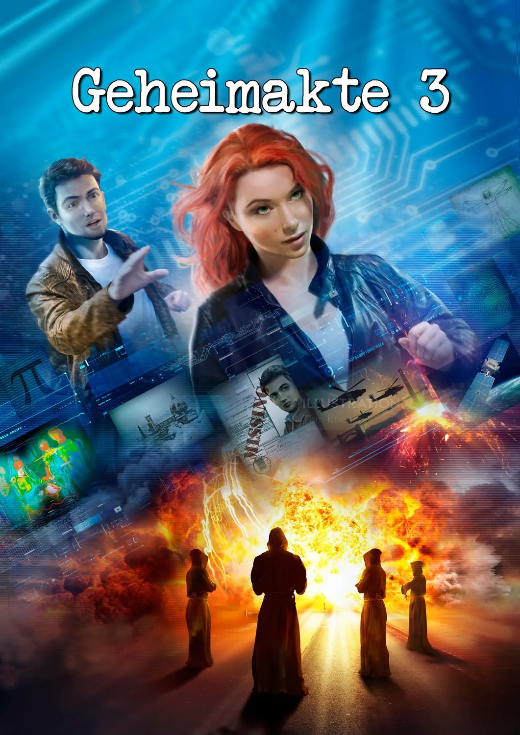 Sci-fi cover of Geheimakte 3 with two characters and an explosion by Tom Krieger