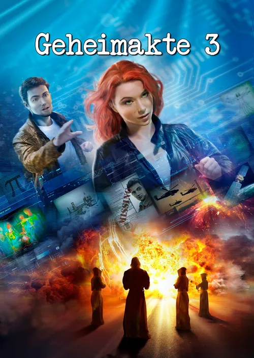 Sci-fi cover of Geheimakte 3 with two characters and an explosion by Tom Krieger