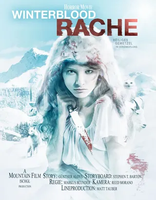 Winterblood Rache horror movie poster with woman and wolves in snow by Tom Krieger