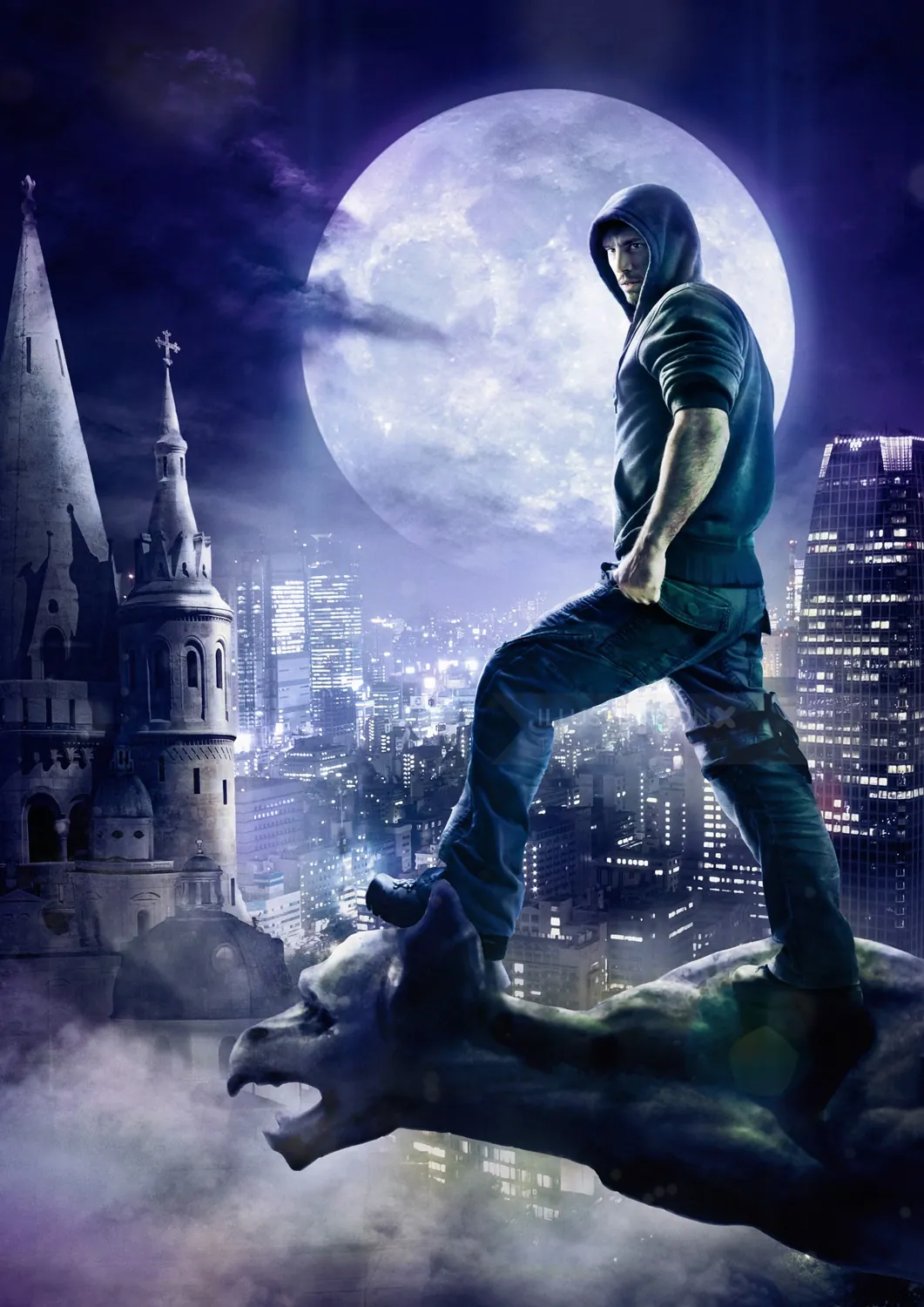 A hooded man stands on a gargoyle with a full moon and city behind, by Tom Krieger