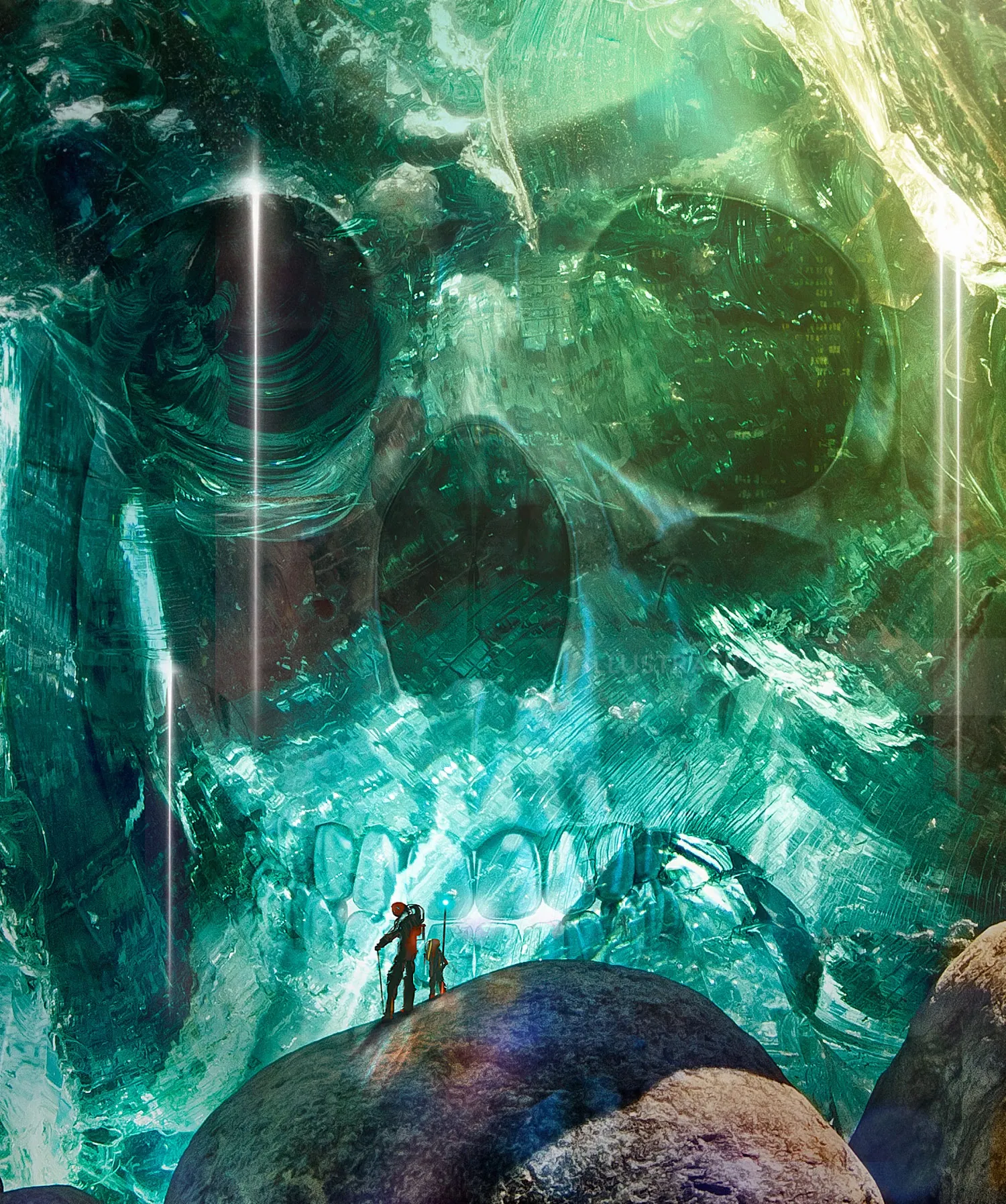 Two people near giant crystal skull glowing inside a cavern by Tom Krieger