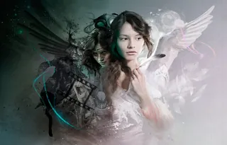 Surreal angelic woman with dark and light wings by Tom Krieger