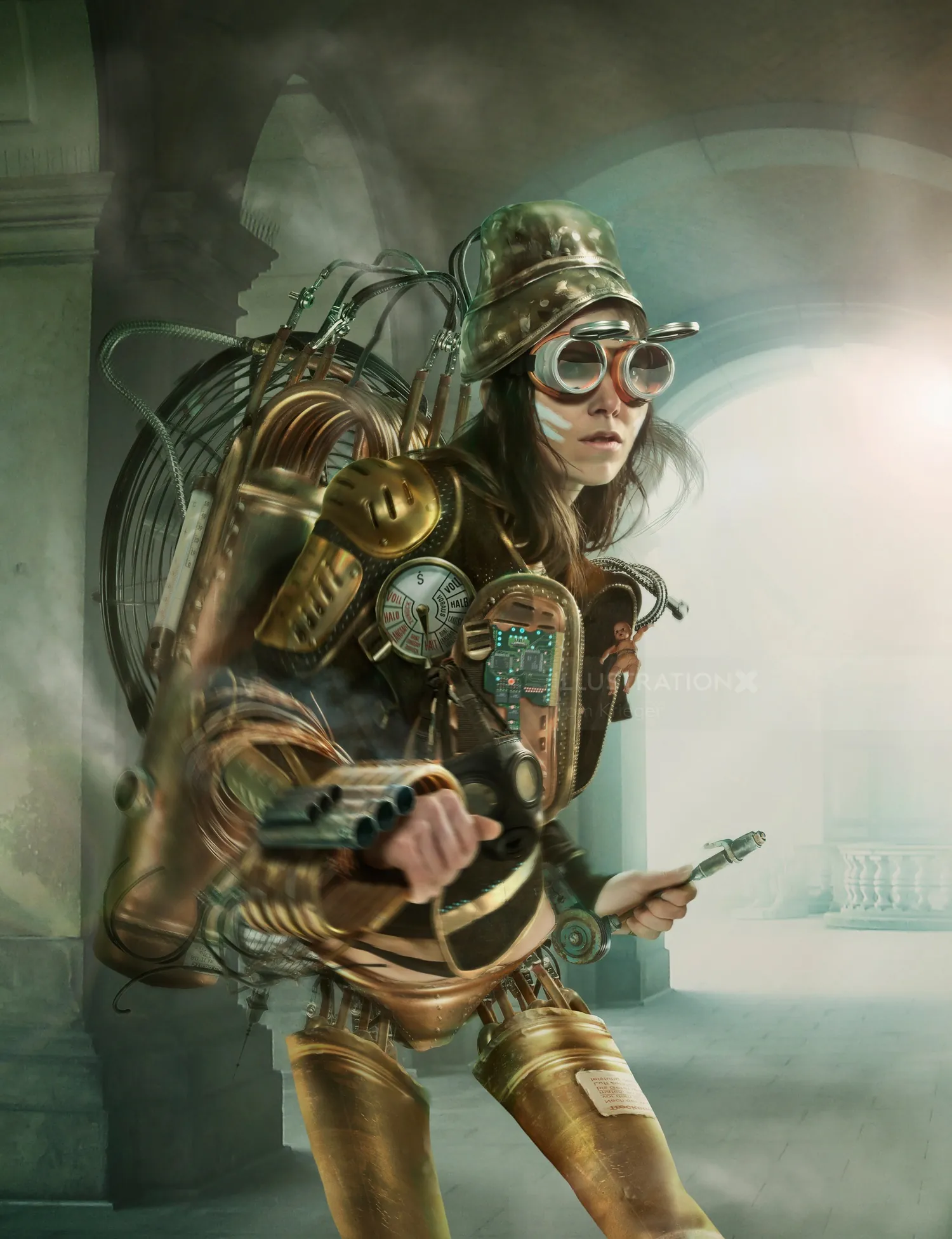 Steampunk woman wearing goggles and mechanical gear by Tom Krieger