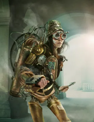 Steampunk woman wearing goggles and mechanical gear by Tom Krieger