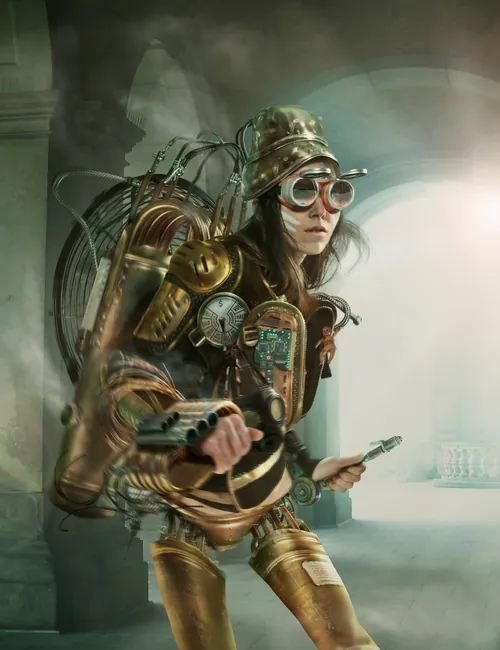 Steampunk woman wearing goggles and mechanical gear by Tom Krieger