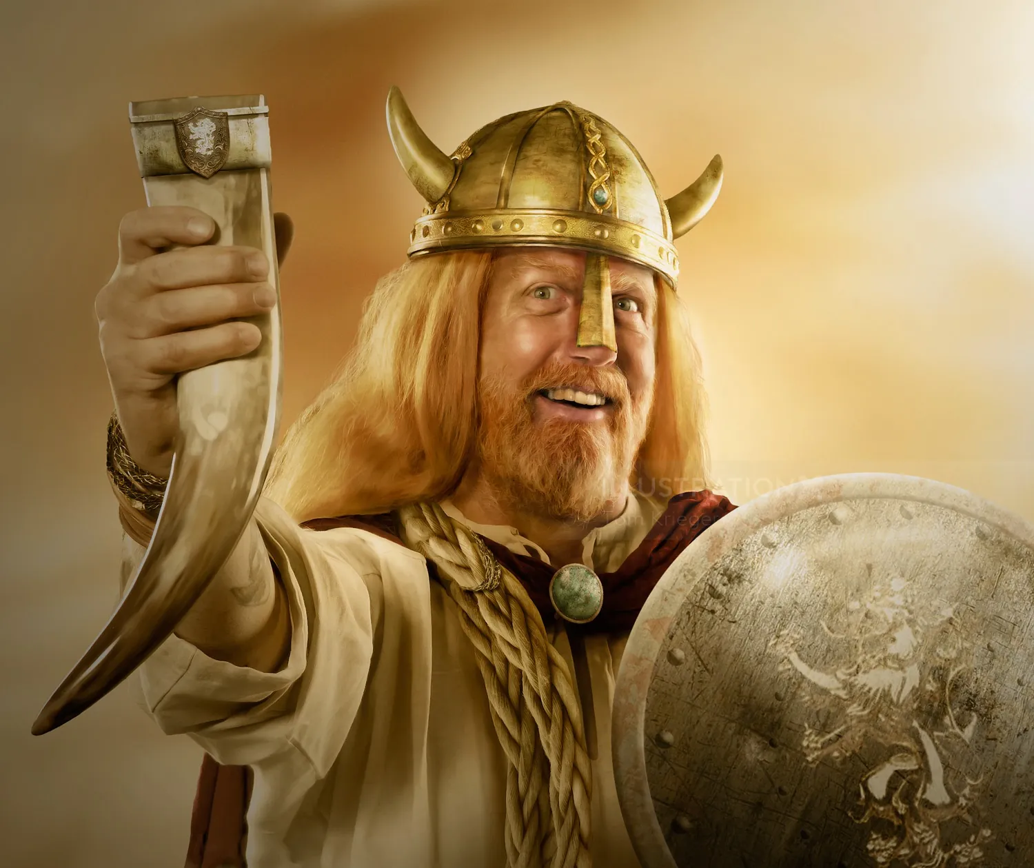 Viking warrior with horned helmet holding a drinking horn and shield by Tom Krieger
