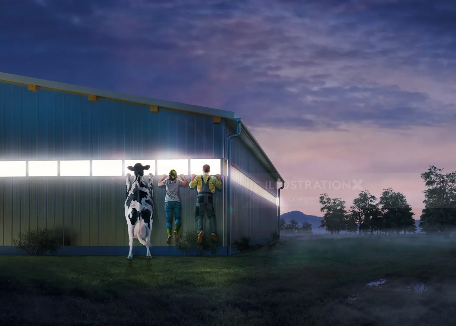 Two farmers with a cow outside a lit barn at dusk by Tom Krieger