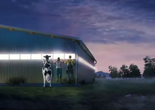 Two farmers with a cow outside a lit barn at dusk by Tom Krieger