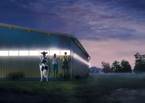 Two farmers with a cow outside a lit barn at dusk by Tom Krieger