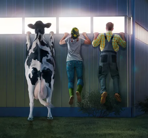Cow and two people looking out window in barn by Tom Krieger