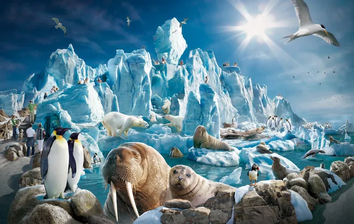 Arctic animals like penguins, walruses, and seals on icy landscape by Tom Krieger