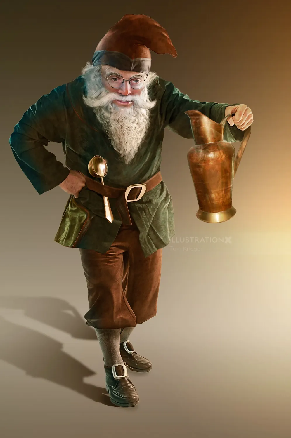 Bearded gnome in green tunic holding a brass pitcher by Tom Krieger