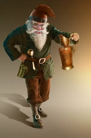 Bearded gnome in green tunic holding a brass pitcher by Tom Krieger