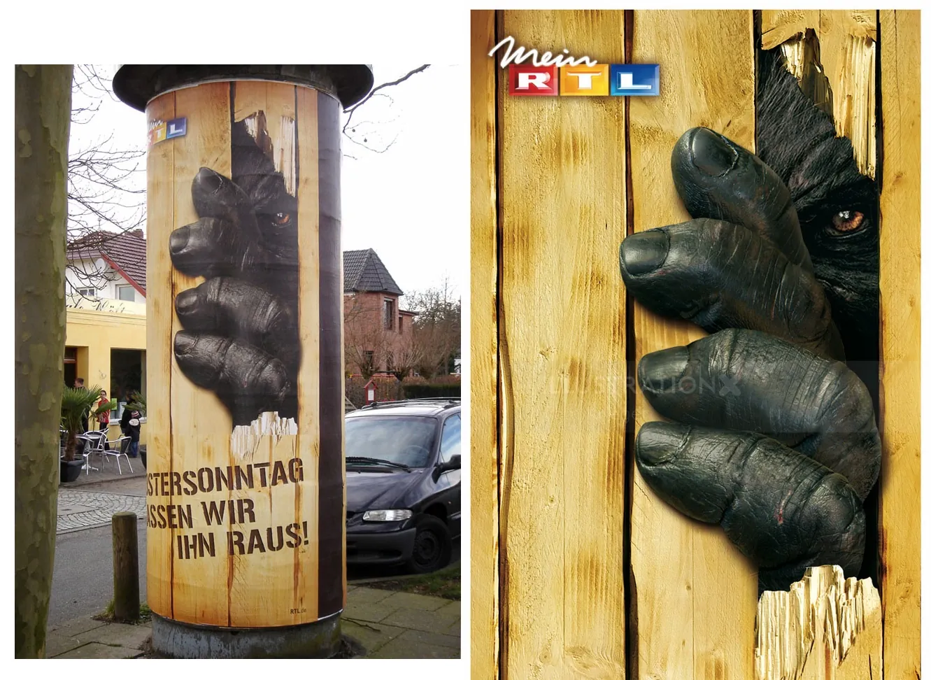 3D gorilla climbing on advertising pillar by Tom Krieger