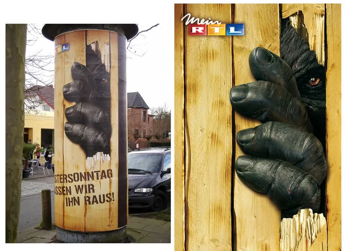 3D gorilla climbing on advertising pillar by Tom Krieger
