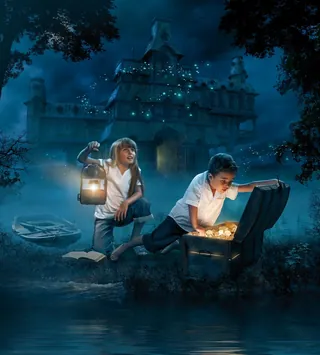 Children finding treasure chest glowing by castle at night by Tom Krieger