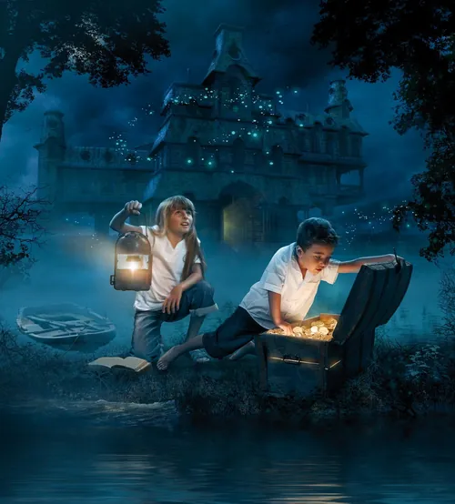 Children finding treasure chest glowing by castle at night by Tom Krieger