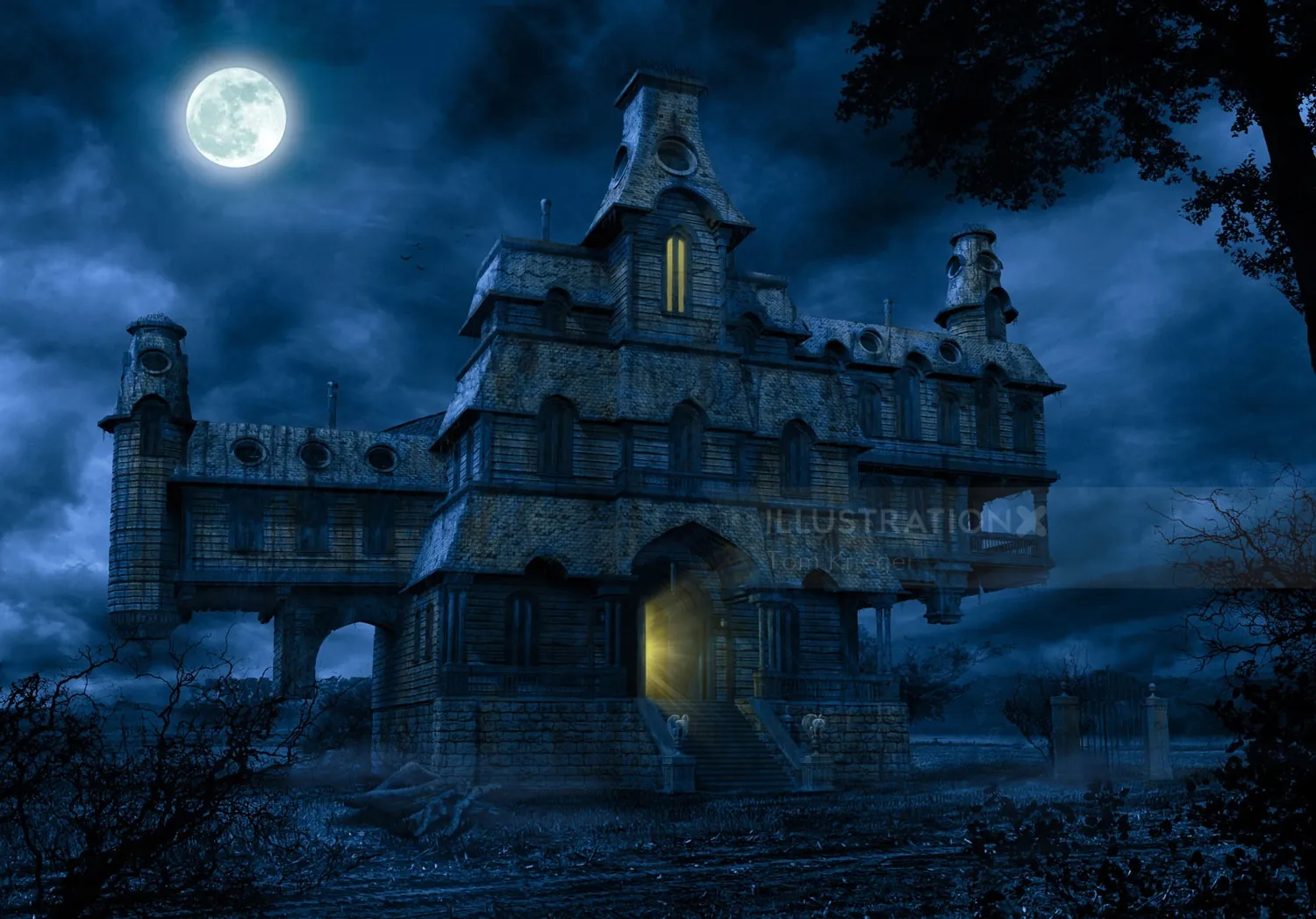 Eerie haunted mansion at night under full moon by Tom Krieger