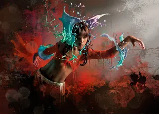 Digital painting of a woman with blue and red paint splashes by Tom Krieger