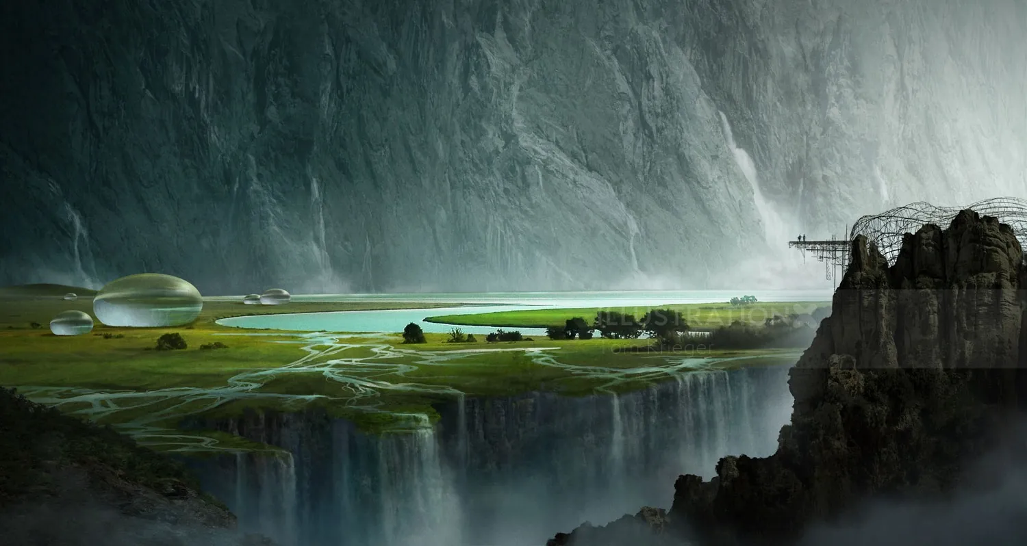 Futuristic landscape with floating dome, cliffs, and greenery by Tom Krieger